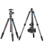 Leofoto LX-224CT Tripod twee opstellingen, normale hoogte en lage stand met omgekeerde kolom.
