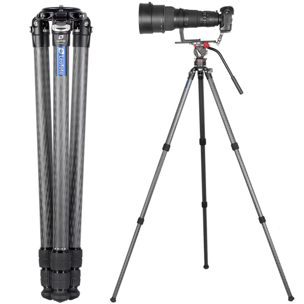 Leofoto LM-323C Tripod volledig uitgeschoven op maximale werkhoogte.