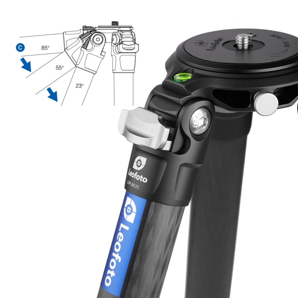 Leofoto LM-362C Tripod detail van hoekverstelling van de poten met markeringen.