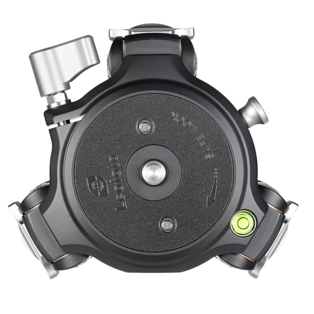 Leofoto LM-364CL Tripod bovenaanzicht montageplaat met 3/8-inch schroefdraad en waterpas.
