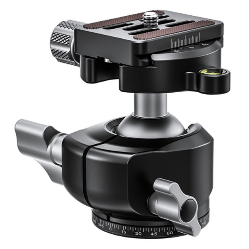 Leofoto LSR-284C Tripod carbon Rapid Ranger met beenklemmen LH-30 kogelkop zijaanzicht met Arca-Swiss snelkoppeling.