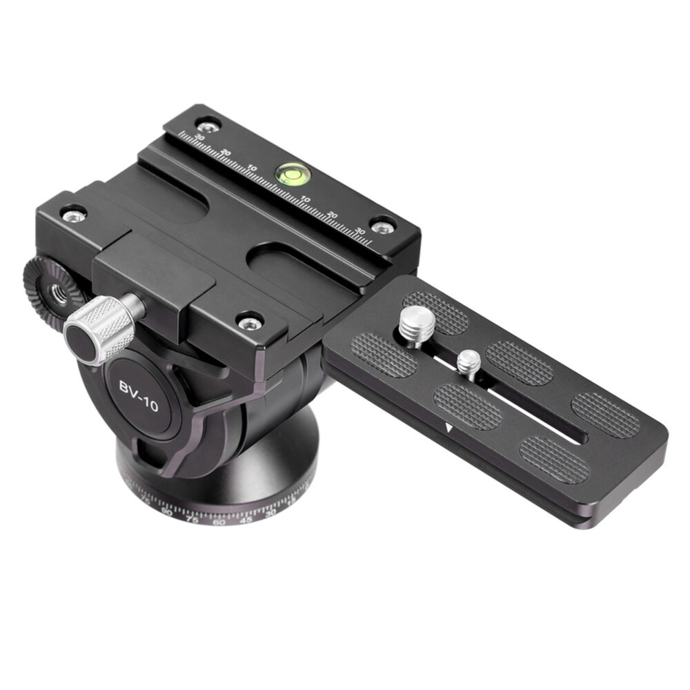 Leofoto LS-324CEX Tripod BV-10 videokop met snelkoppelingsplaat en panoramaringschaal.