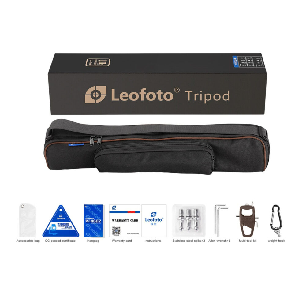 Leofoto LS-324CEX Tripod complete set met statief, draagtas en accessoires in verpakking.