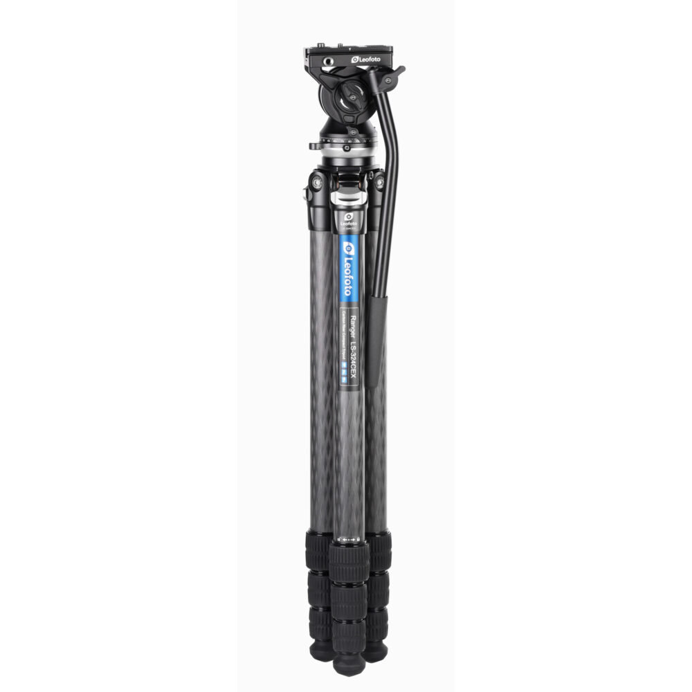 Leofoto LS-324CEX Tripod ingeklapt carbon Ranger-statief met gemonteerde videokop.
