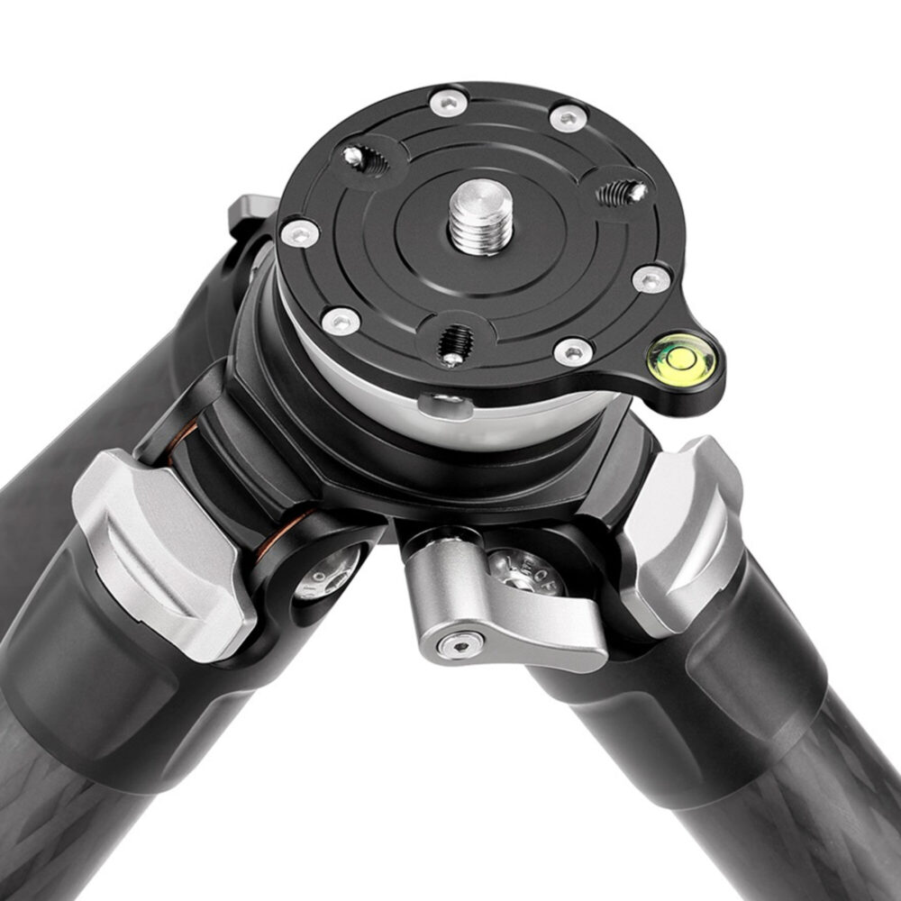 Leofoto LS-365CEX Tripod bovenaanzicht nivelleerbasis met 3/8-inch schroefdraad en waterpas.
