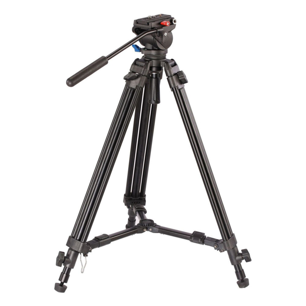 Leofoto VT-10+LF-60 Tripod videostatief volledig opgesteld met VT-10 videokop en middenversteviger.