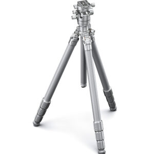 Leofoto LG-324C Tripod volledig uitgeklapt op carbon poten met zilveren kogelkop LH-40R