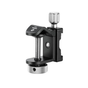 Leofoto UC-04 Buisklem Statief close-up van buisklem met Arca-Swiss aansluiting en zilverkleurige draaiknoppen.