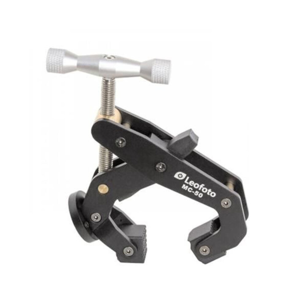 Leofoto MC-50 Klemstatief klem met open bek en verticale schroefspindel met T-vormige zilveren draaiknop.