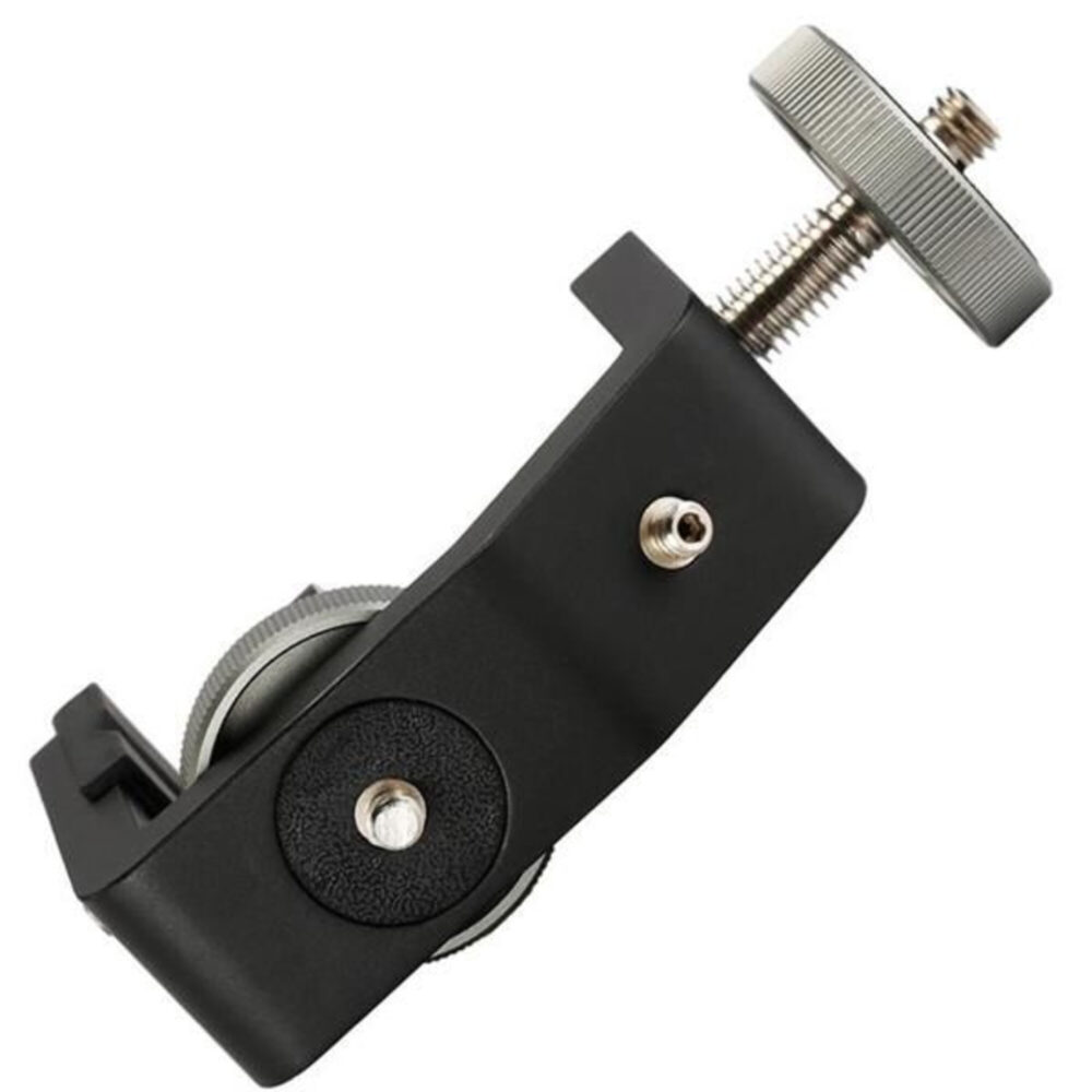 Leofoto-MFC-60-clamp-tripod-4 Leofoto MFC-60 klemstatief zijaanzicht van compacte zwarte tafelklem met zilveren schroefspindel
