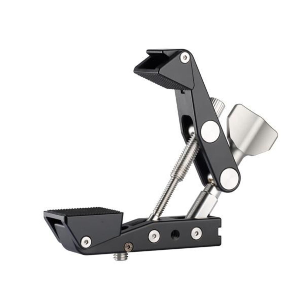 Leofoto MC-100 Klemstatief zijaanzicht van geopende zwarte aluminium klem met brede klembekken.