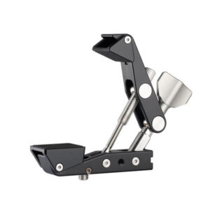 Leofoto MC-100 Klemstatief zijaanzicht van geopende zwarte aluminium klem met brede klembekken.