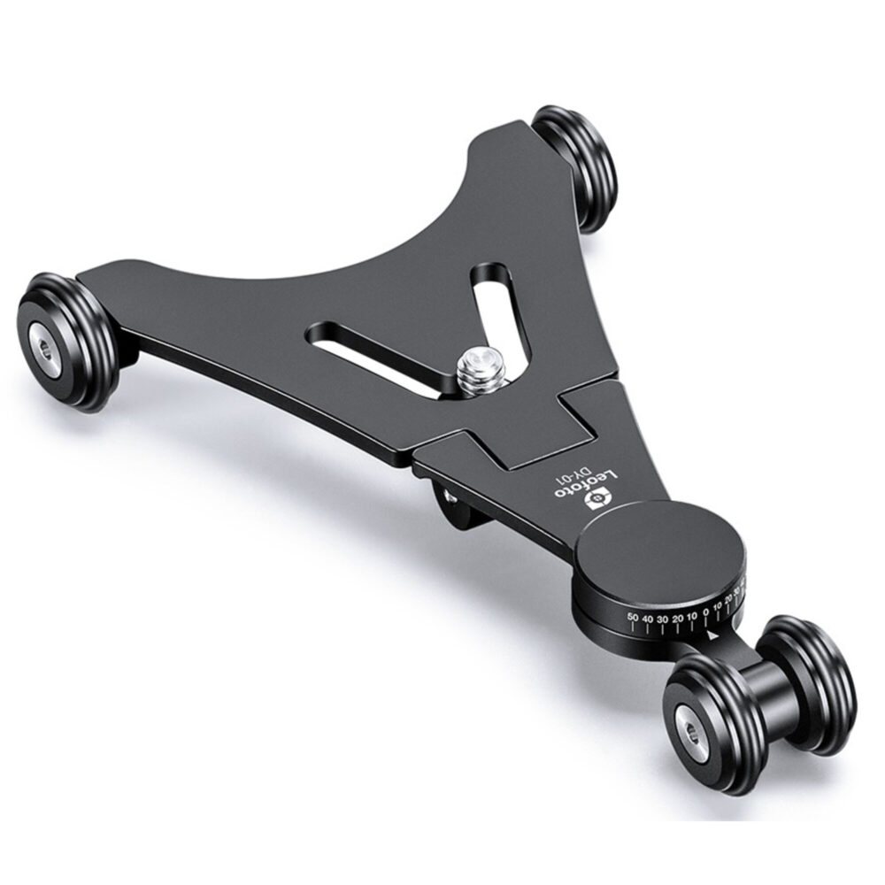 Leofoto DY-01 Opvouwbare Dolly bovenaanzicht van compacte aluminium kameradolly met rubberen wielen