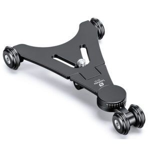 Leofoto DY-01 Opvouwbare Dolly bovenaanzicht van compacte aluminium kameradolly met rubberen wielen