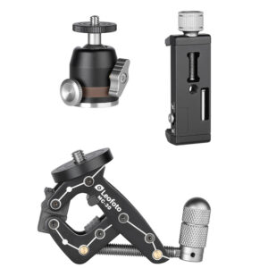 Leofoto MC-30 Statief Kit met MC-30 klemstatief, MBH-19 mini-kogelkop en PC-90II smartphonehouder op witte achtergrond