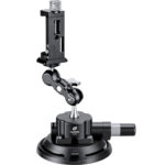 Leofoto SC-02 Statief Kit grote zuignap met scharnierarm en PC-90II smartphonehouder verticaal gemonteerd.