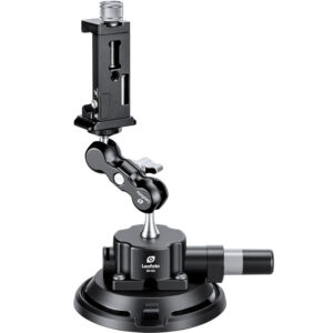 Leofoto SC-02 Statief Kit grote zuignap met scharnierarm en PC-90II smartphonehouder verticaal gemonteerd.