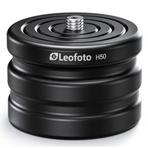 Leofoto H50 Statief Hoogteadapter product close-up met 3/8" schroef bovenop en gegraveerd Leofoto-logo.