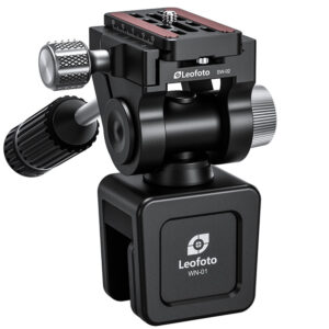 Leofoto WN-01+SW-02 Raamstatief frontaal beeld van raamklem WN-01 met gemonteerde SW-02 2-wegeneiger en bedieningshendel