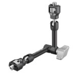 Leofoto-AM-3-KIT-articulated-arm-with-2-thread-adapters-3 Leofoto AM-3 scharnierende arm zijaanzicht in L-vormige positie met vergrendelknop en schroefadapter bovenop statiefaansluiting.