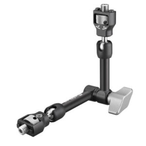Leofoto AM-3 scharnierende arm zijaanzicht in L-vormige positie met vergrendelknop en schroefadapter bovenop statiefaansluiting.