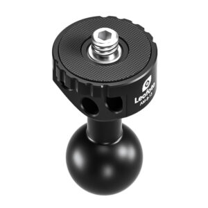 Leofoto AM‑8‑13 scharnierende arm close-up met groot rond steunvlak en centrale 1/4-inch schroef op kogelgewricht.