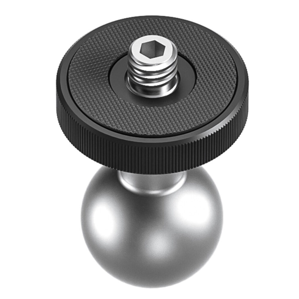 Leofoto-Articulated-arm-AM-8-6-joint-with-1-4-screw-and-mounting-disc-5 Leofoto AM-8-6 scharnierende arm close-up van 1/4 inch schroef met rubberen steunplaat op zilverkleurige kogelkop.