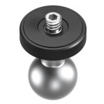 Leofoto-Articulated-arm-AM-8-6-joint-with-1-4-screw-and-mounting-disc-5 Leofoto AM-8-6 scharnierende arm close-up van 1/4 inch schroef met rubberen steunplaat op zilverkleurige kogelkop.