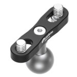 Leofoto AM-8-8 scharnierende arm close-up van cameracage-adapter met dubbele 1/4 inch schroef op zilverkleurige kogel.