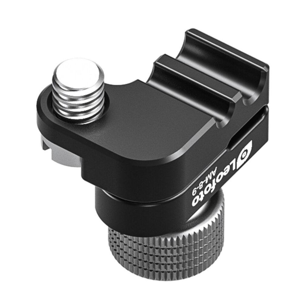 Leofoto-Articulated-arm-AM-8-9-cable-clamp-4 Leofoto AM-8-9 scharnierende arm close-up van zwarte kabelklem met zilveren 1/4-inch schroef en geribbelde draaiknop.