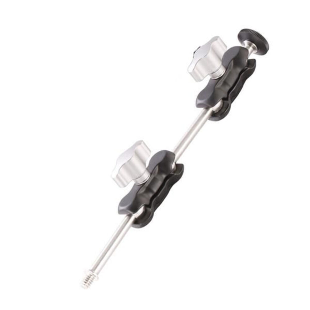 Leofoto AM-1L multi-scharnierende arm lange aluminium magic arm met twee zilveren klemmen en 1/4-inch schroef, diagonaal op witte achtergrond.
