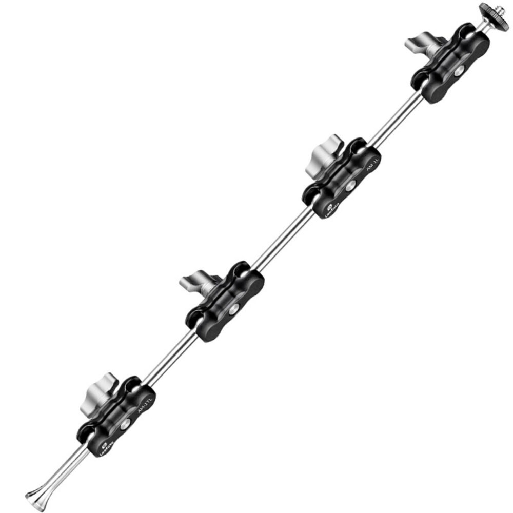 Leofoto-Multi-joint-arm-AM-1TXL-3 Leofoto AM-1TXL multi-scharnierende arm volledig uitgestrekte Magic Arm met meerdere scharnierpunten op witte achtergrond.