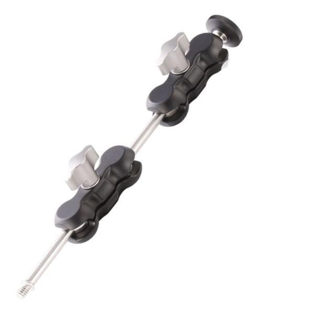 Leofoto AM-2L multi-scharnierende arm compacte Magic Arm met dubbele klemmen en 1/4 inch schroefdraad op witte achtergrond.