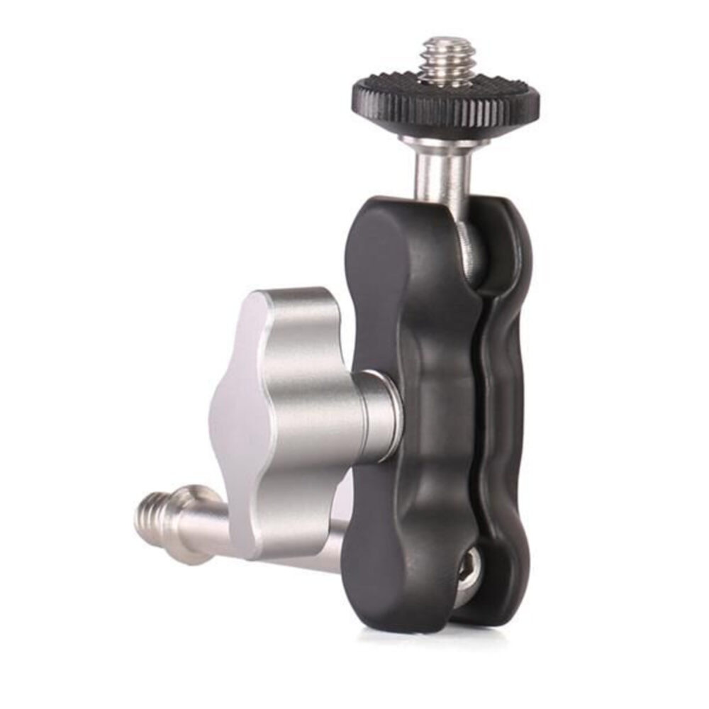 Leofoto AM-1 scharnierende arm compacte Magic Arm met zilverkleurige klem en 1/4 inch schroefdraad op witte achtergrond.
