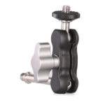 Leofoto AM-1 scharnierende arm compacte Magic Arm met zilverkleurige klem en 1/4 inch schroefdraad op witte achtergrond.
