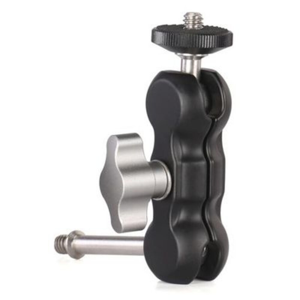 Leofoto AM-2 scharnierende arm compacte aluminium Magic Arm met zilverkleurige draaiknop en 1/4 inch schroefdraad op witte achtergrond.