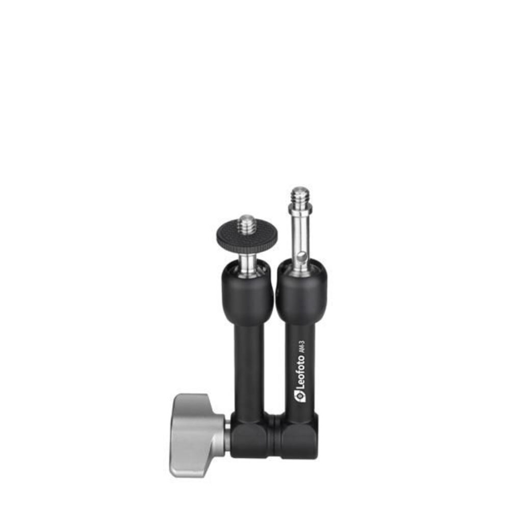 Leofoto AM-3 scharnierende arm compacte aluminium arm met kogelgewrichten, 1/4 inch schroefdraad en grote vergrendelknop op witte achtergrond.
