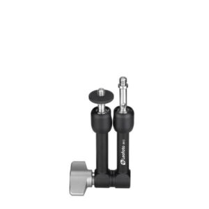 Leofoto AM-3 scharnierende arm compacte aluminium arm met kogelgewrichten, 1/4 inch schroefdraad en grote vergrendelknop op witte achtergrond.