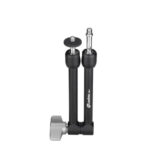 Leofoto AM-4 Scharnierende Arm compacte dubbele arm met vergrendelknop en 1/4 inch schroef verticaal opgesteld op witte achtergrond.