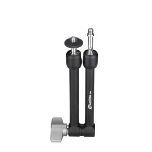 Leofoto AM-4 Scharnierende Arm compacte dubbele arm met vergrendelknop en 1/4 inch schroef verticaal opgesteld op witte achtergrond.