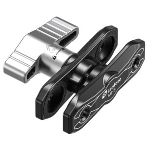 Leofoto AM-8 scharnierende arm close-up van het zwarte AM-8 basisgewricht met zilveren klemmhevel op donkere achtergrond.