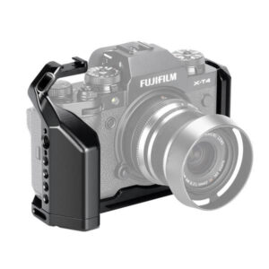 Leofoto LPF-XT4 L-bevestiging op Fujifilm X-T4 camera met lens, halftransparante body en zichtbare extra handgreep.