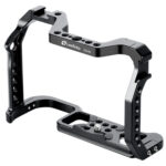 Leofoto EOS R5 cameracage schuin vooraanzicht van open aluminium cameracage met Arca-Swiss bodemplaat.
