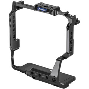 Leofoto X-H2(s) cameracage schuin vooraanzicht met hoge zijframes en Arca-Swiss bodemplaat.