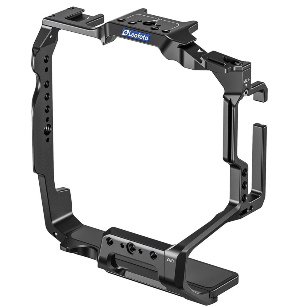 Leofoto Z8 cameracage frontaal zicht op volledige aluminium cage met Arca-Swiss bodemplaat.