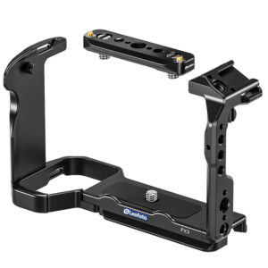 Leofoto FX3 cameracage met losse bovenhandgreep en bodemplaat op witte achtergrond.