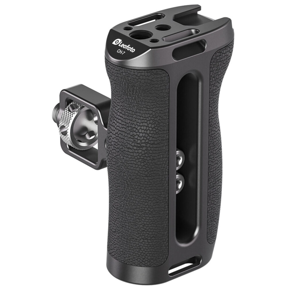 Leofoto CH-7-2 cameracage handgreep met ARRI-aansluiting zijaanzicht op witte achtergrond.