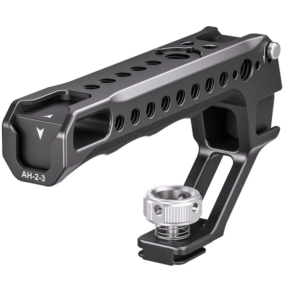 Leofoto AH-2-3 cameracage top handle in zwart aluminium met flitsschoenadapter en vergrendelknop op witte achtergrond.