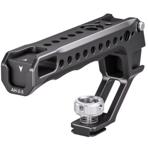 Leofoto AH-2-3 cameracage top handle in zwart aluminium met flitsschoenadapter en vergrendelknop op witte achtergrond.