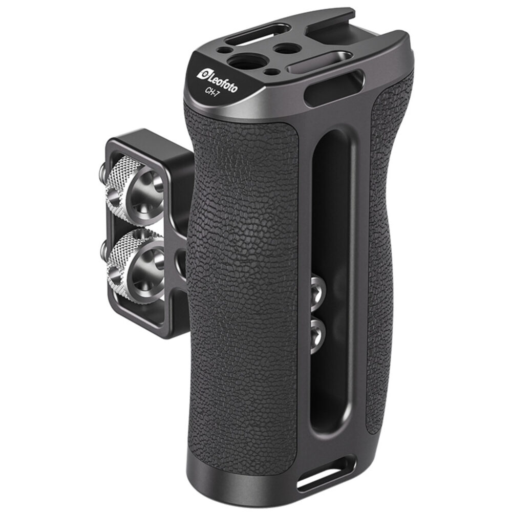 Leofoto CH-7-3 cameracage ergonomische zwarte handgreep met zijwaarts gemonteerd accessoireblok met meerdere schroefgaten.